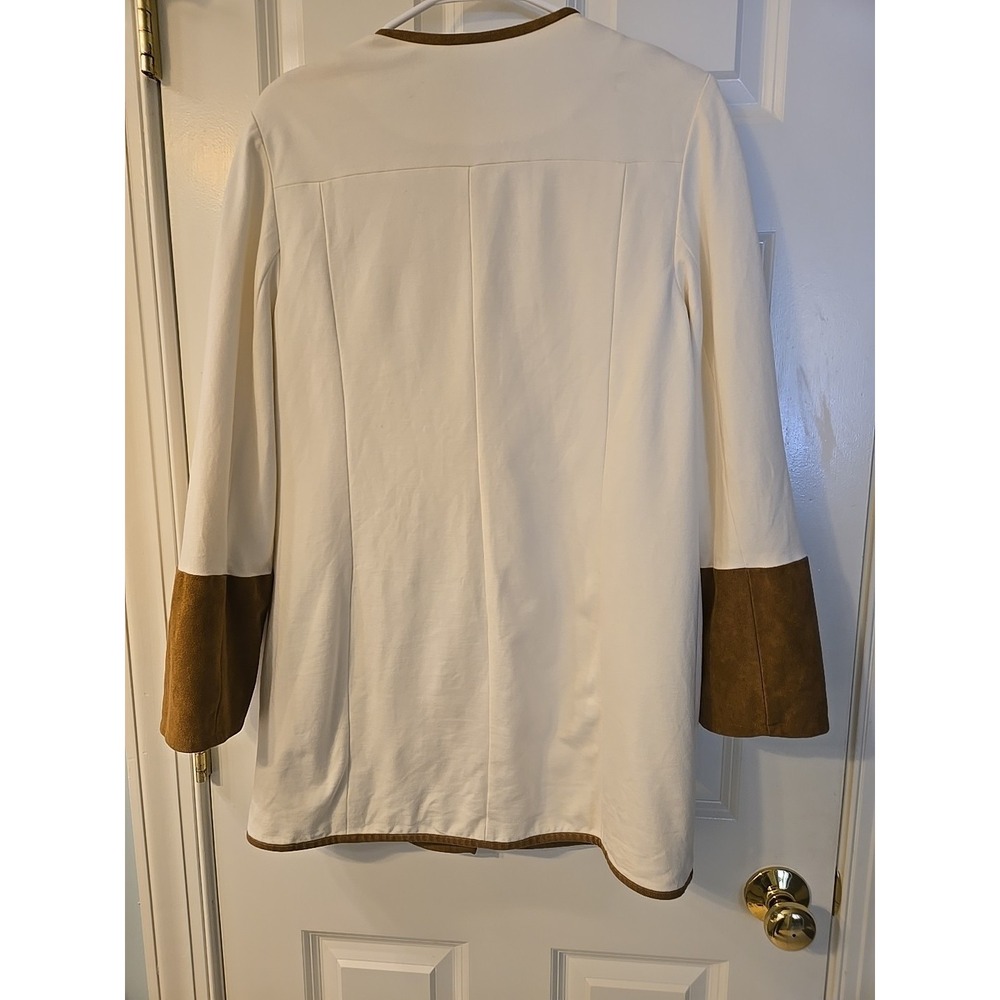 Chico's White Ponte Knit Suede Cuff Blazer Jacker Womens 1 Beige Brown Full Zip - Picture 9 of 16